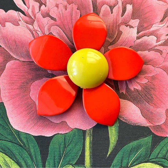 Vintage Jewelry - Vintage enamel on copper 5 petal flower power brooch orange yellow mod